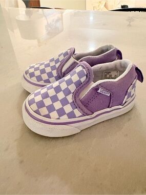 Vans Kids Slip-On Checkerboard Sneakers - Purple and White